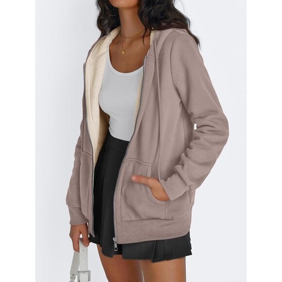 Womens Coffe egreyFleece Lined Zip Up Hoodie Jacket Winter Sweatshirt Fall Coat - Picture 3 of 5